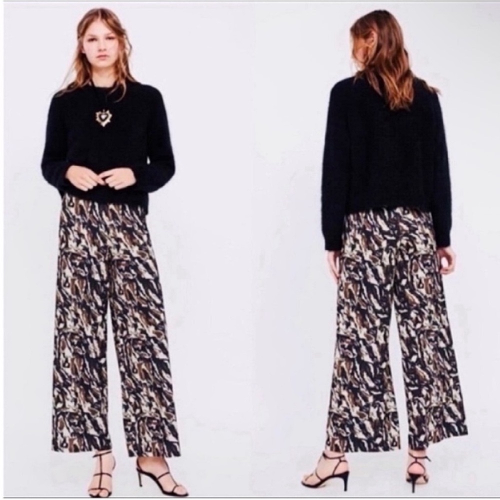 Zara Basic palazzo pants brown black camo pull on ankle